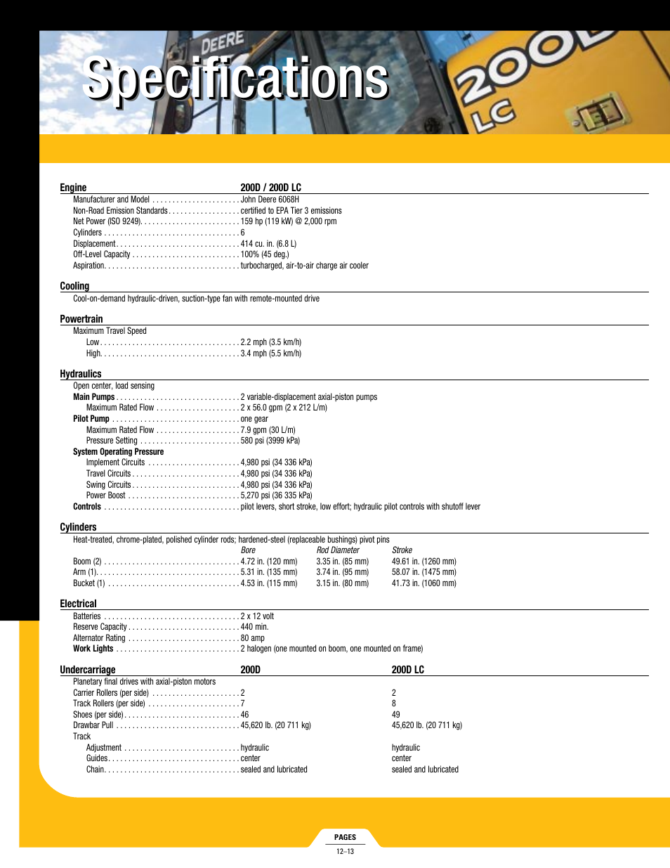 Specifications | John Deere 200D LC User Manual | Page 12 / 16