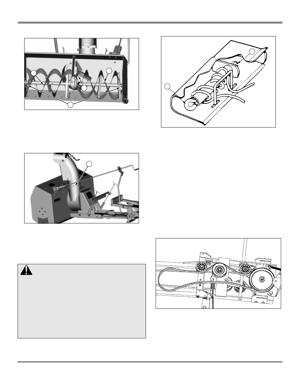 Lubricate auger, Lubricate discharge chute, Adjusting discharge chute drive tube | Chute control cable hook-up, Replacing upper v-belt, Service | John Deere OMGX10742 J9 User Manual | Page 28 / 35