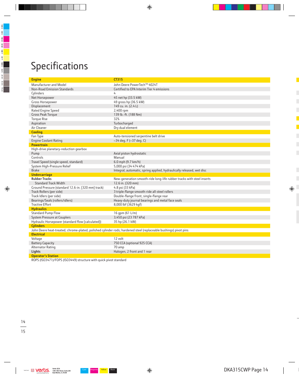 Dka315cwp_specs, Specifications | John Deere CT315 User Manual | Page 14 / 16