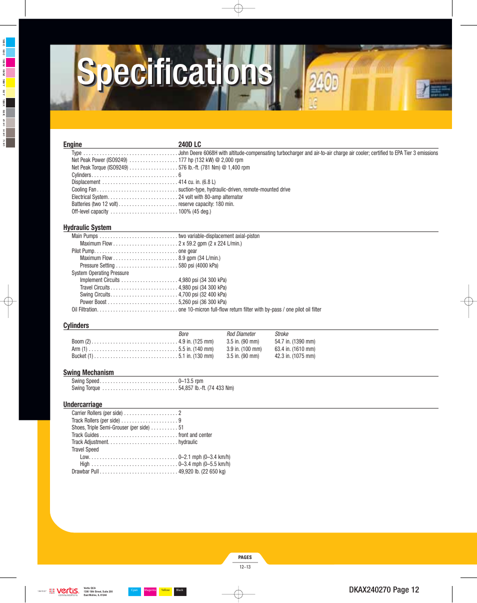 Specifications | John Deere 270D LC User Manual | Page 12 / 20