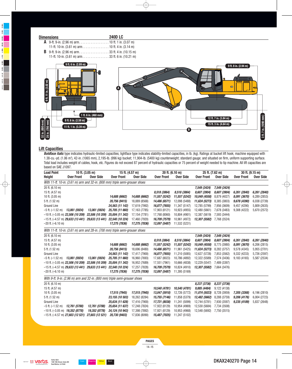 Dimensions 240d lc a, Lift capacities | John Deere 270D LC User Manual | Page 14 / 20