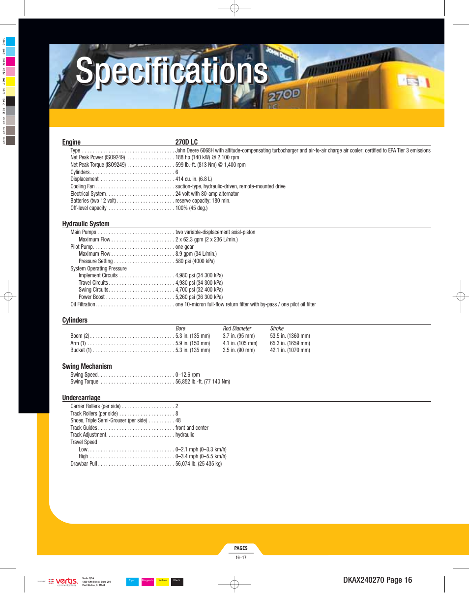 Specifications | John Deere 270D LC User Manual | Page 16 / 20