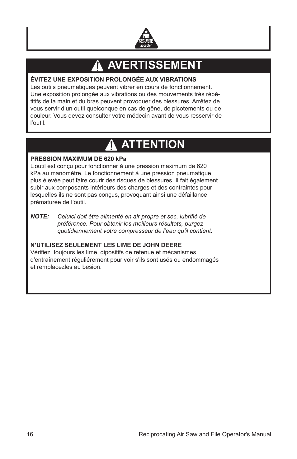 Avertissement attention | John Deere AT-3402-J User Manual | Page 16 / 32