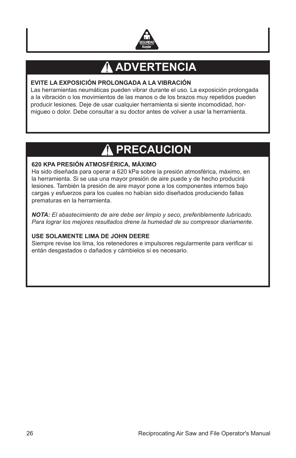 Advertencia precaucion | John Deere AT-3402-J User Manual | Page 26 / 32