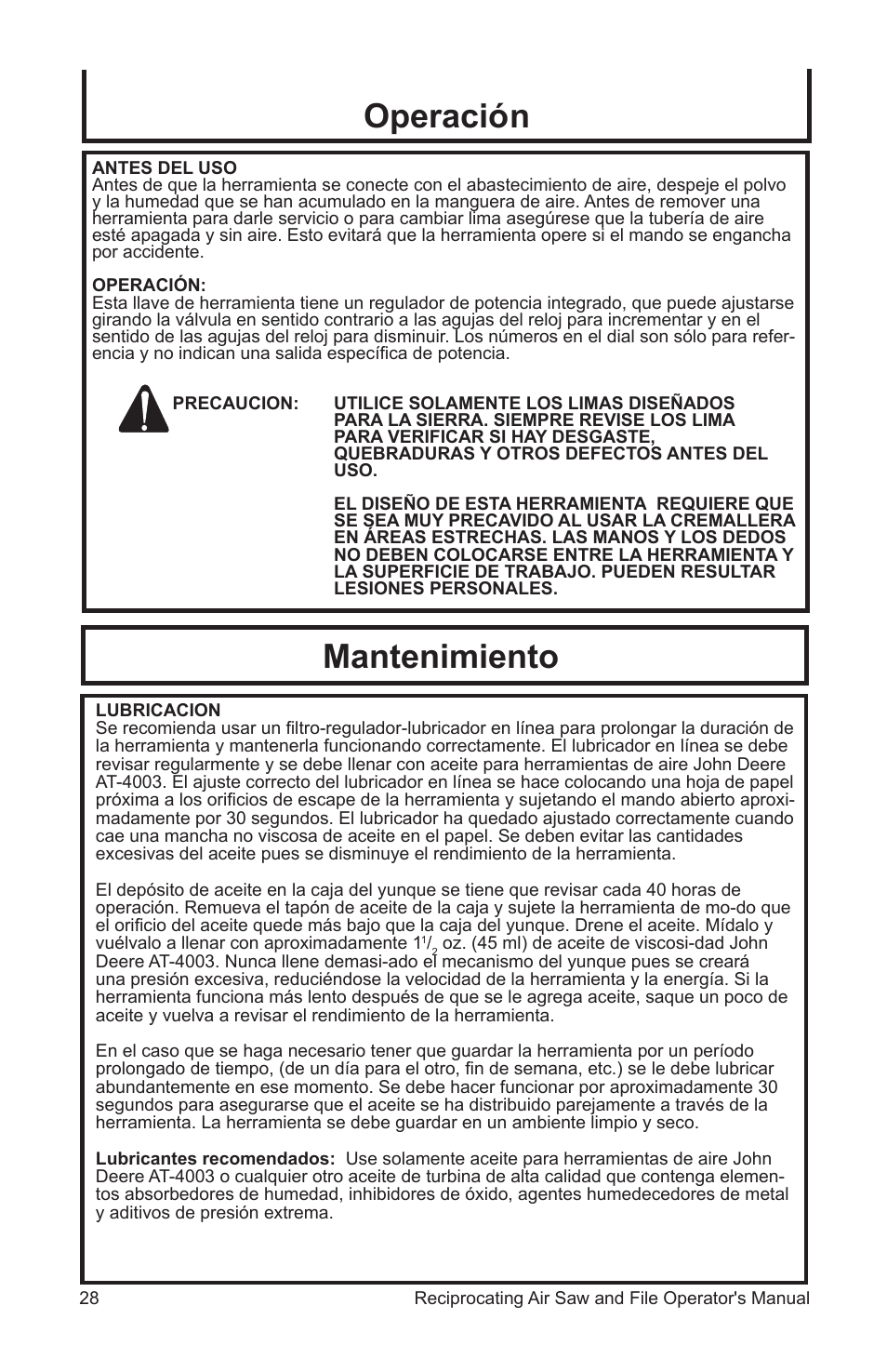 Mantenimiento, Operación | John Deere AT-3402-J User Manual | Page 28 / 32