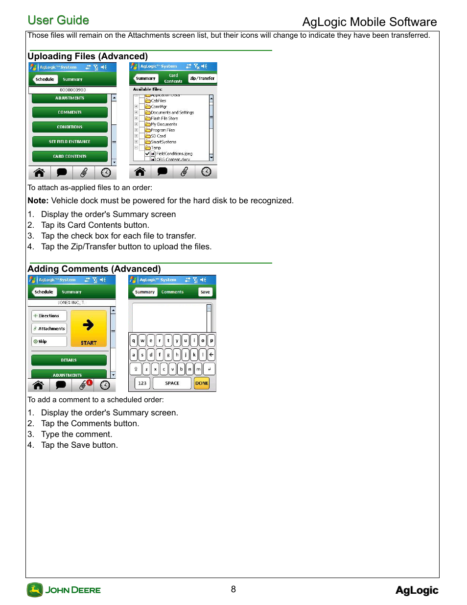 Uploading files (advanced), Adding comments (advanced), User guide | User guide aglogic mobile software | John Deere AGLOGIC MOBILE PC21882 User Manual | Page 10 / 14