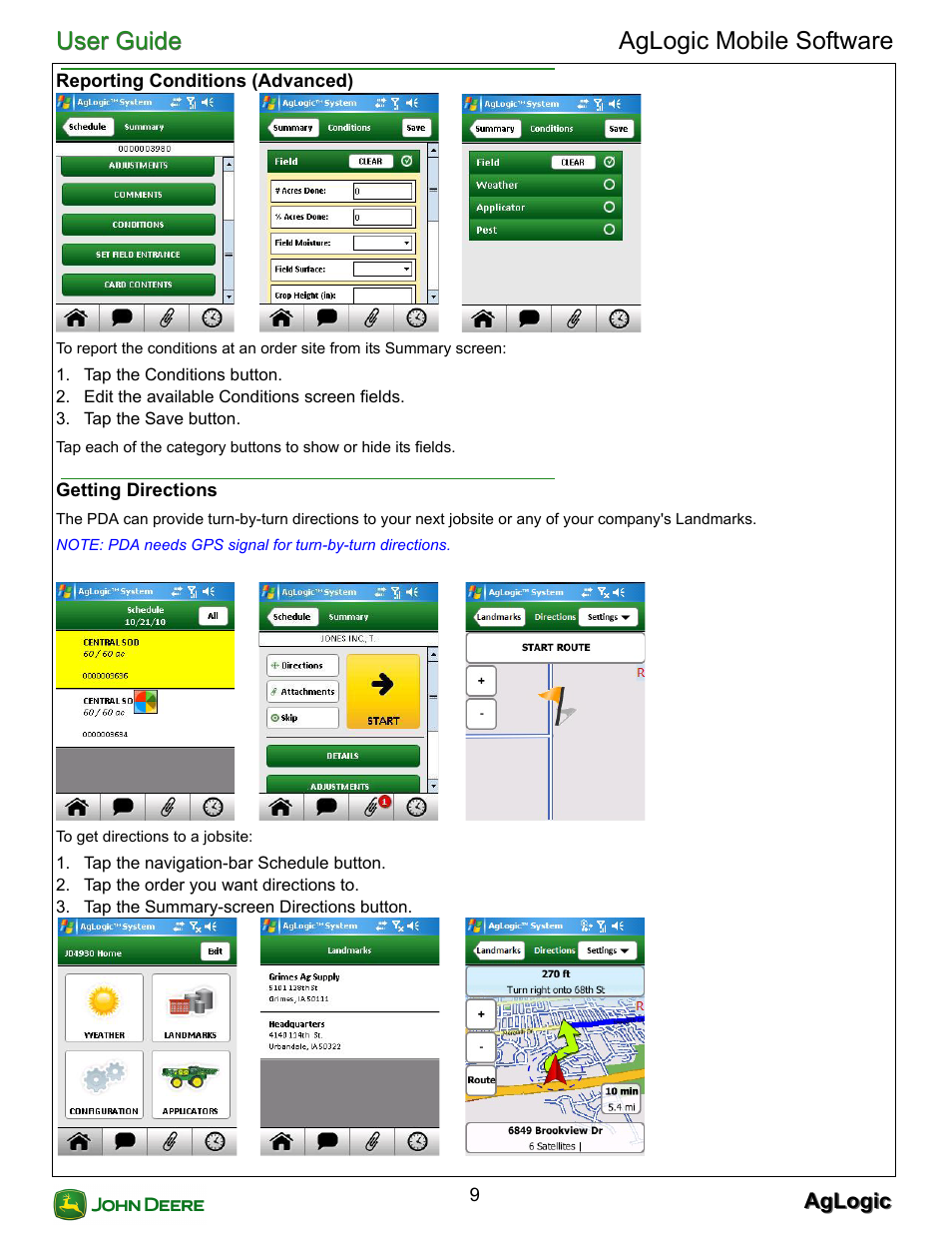 Reporting conditions (advanced), Getting directions, Reporting conditions (advanced) getting directions | User guide, User guide aglogic mobile software | John Deere AGLOGIC MOBILE PC21882 User Manual | Page 11 / 14