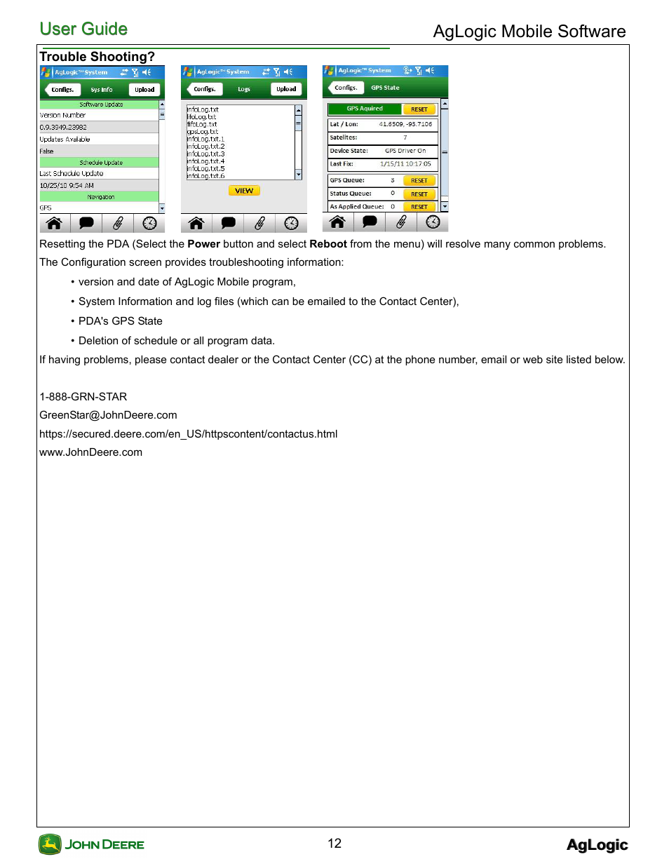 Trouble shooting, User guide, User guide aglogic mobile software | Aglogic | John Deere AGLOGIC MOBILE PC21882 User Manual | Page 14 / 14