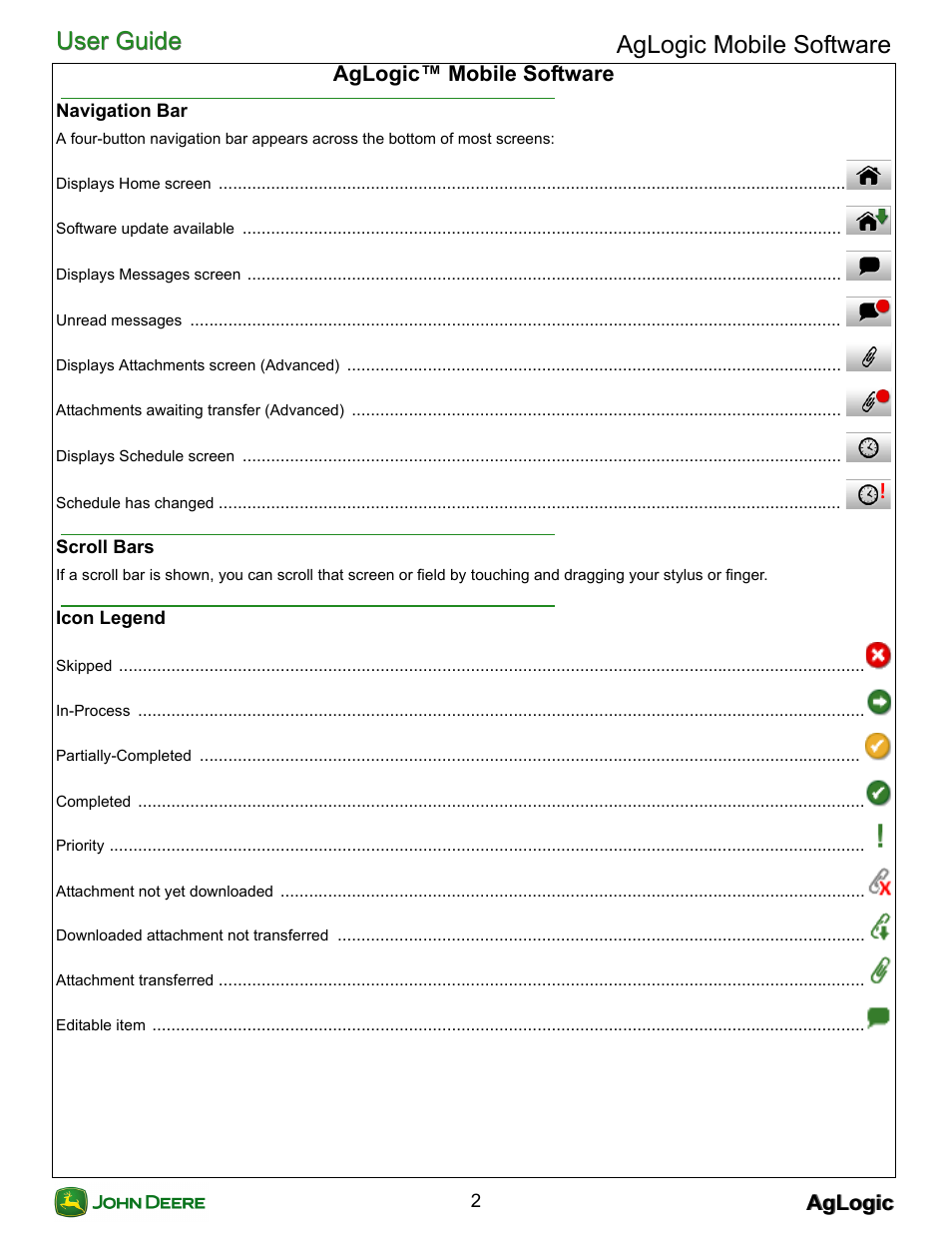 Aglogic™ mobile software, Navigation bar, Scroll bars | Icon legend, Navigation bar scroll bars icon legend, User guide, User guide aglogic mobile software, Aglogic | John Deere AGLOGIC MOBILE PC21882 User Manual | Page 4 / 14