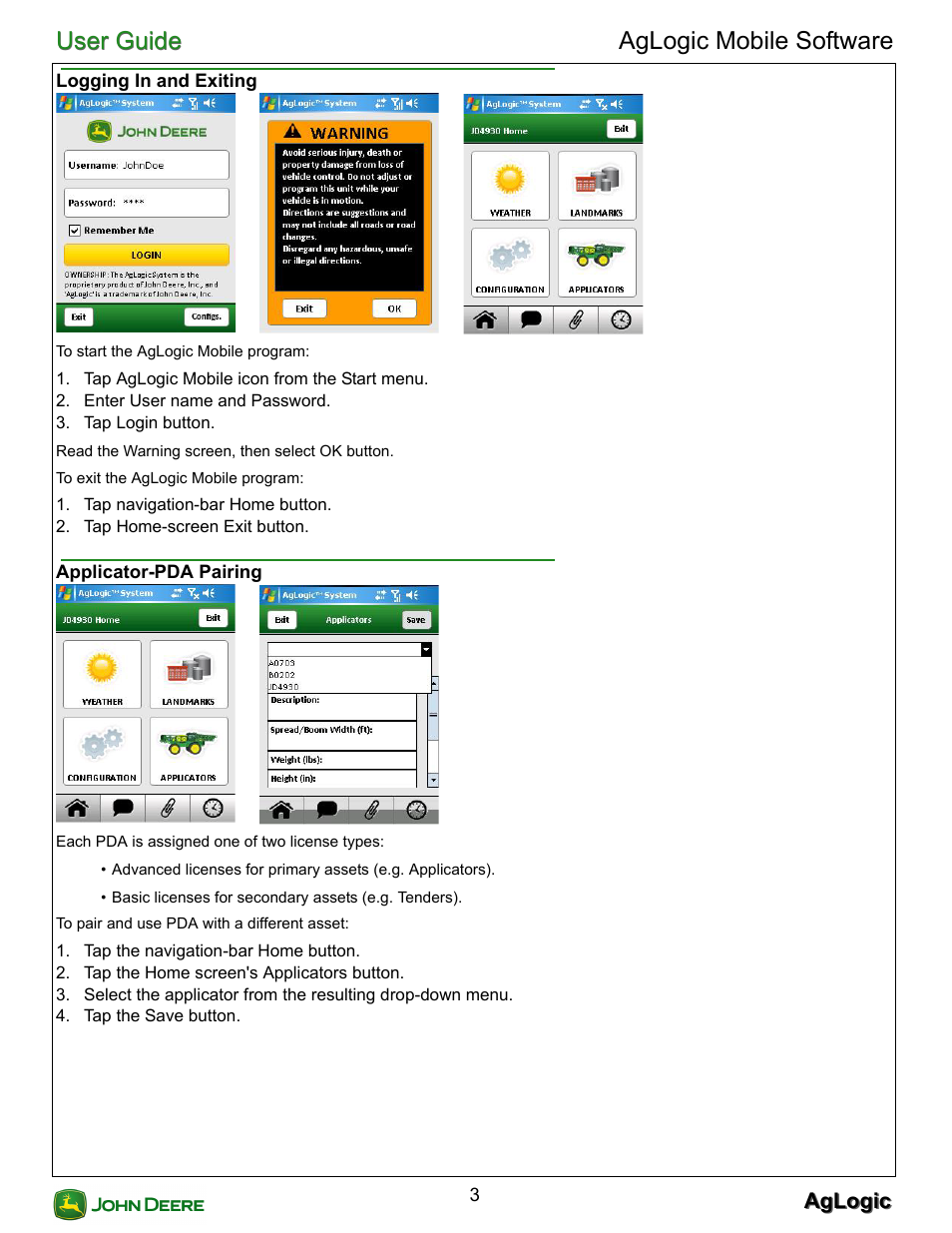Logging in and exiting, Applicator-pda pairing, Asset-pda pairing | User guide, User guide aglogic mobile software | John Deere AGLOGIC MOBILE PC21882 User Manual | Page 5 / 14