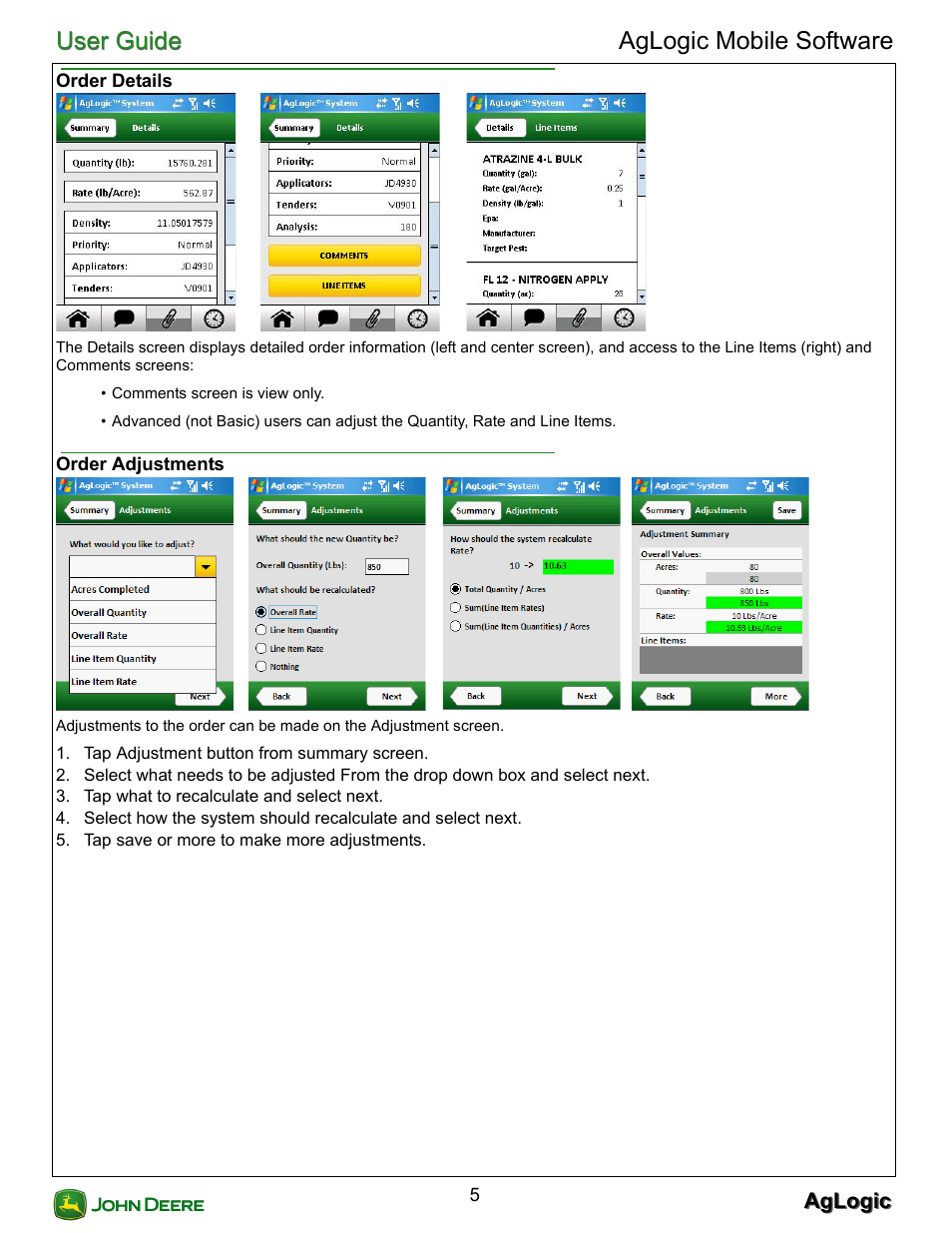 Order details, Order adjustments, User guide | User guide aglogic mobile software | John Deere AGLOGIC MOBILE PC21882 User Manual | Page 7 / 14