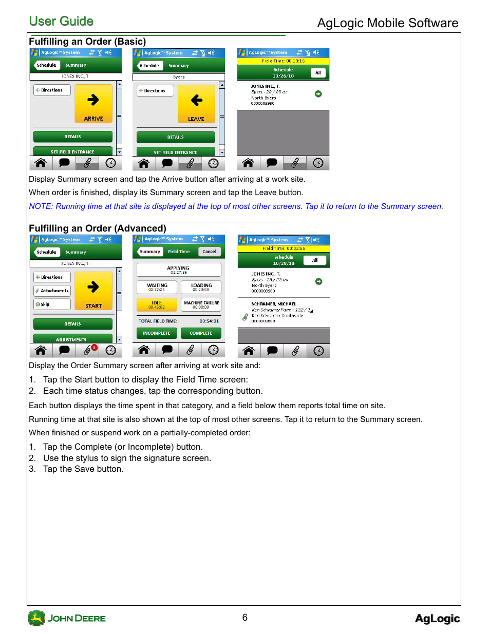 Fulfilling an order (basic), Fulfilling an order (advanced), User guide | User guide aglogic mobile software | John Deere AGLOGIC MOBILE PC21882 User Manual | Page 8 / 14