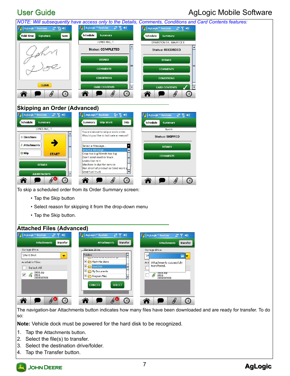 Skipping an order (advanced), Attached files (advanced), User guide | User guide aglogic mobile software | John Deere AGLOGIC MOBILE PC21882 User Manual | Page 9 / 14