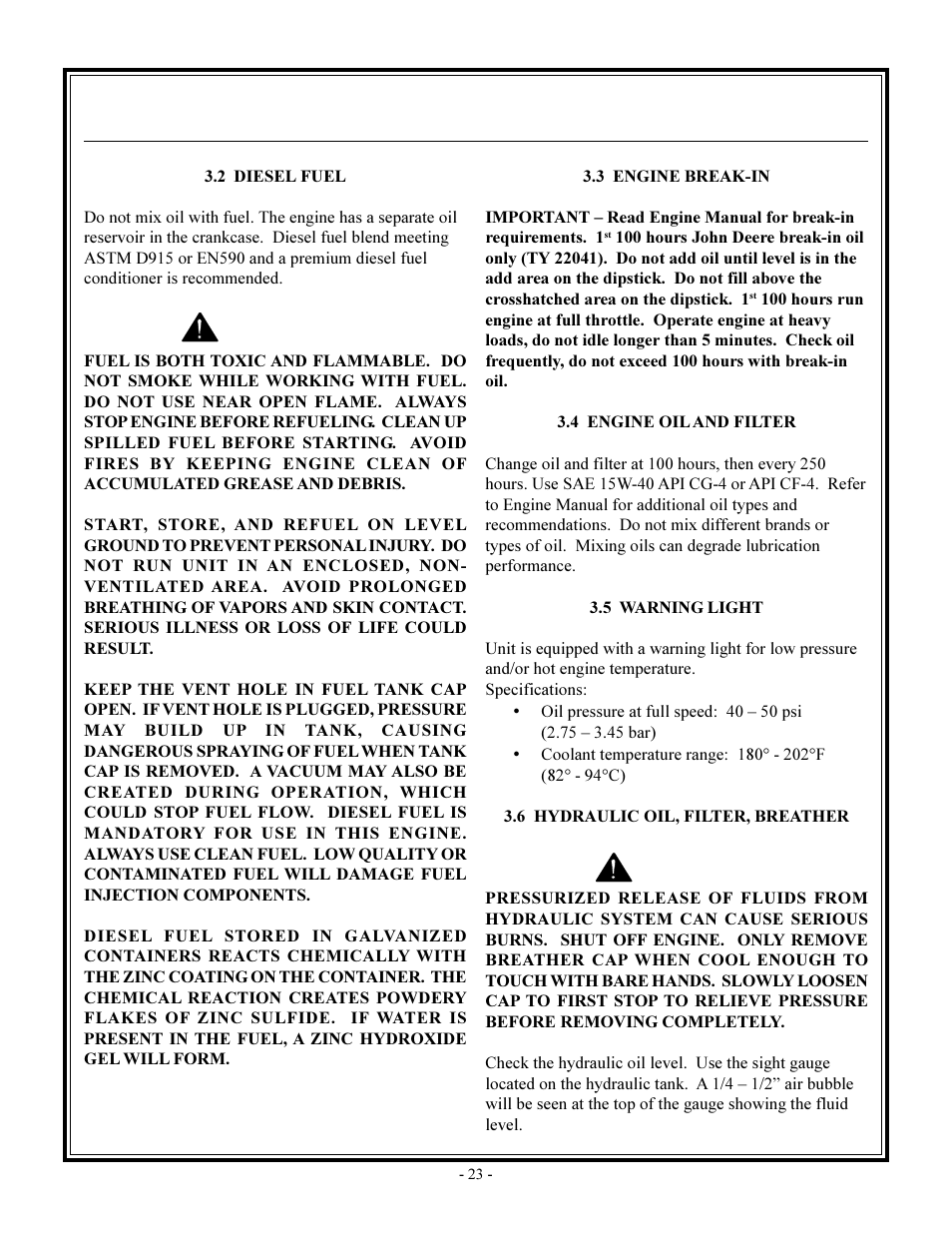 Warning, Operation | John Deere rhino pd54 User Manual | Page 23 / 97