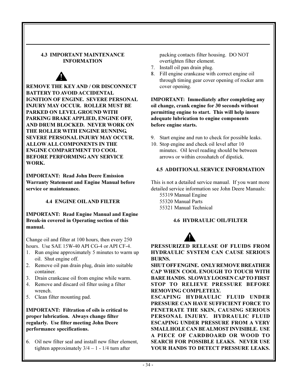 Warning, Maintenance | John Deere rhino pd54 User Manual | Page 34 / 97