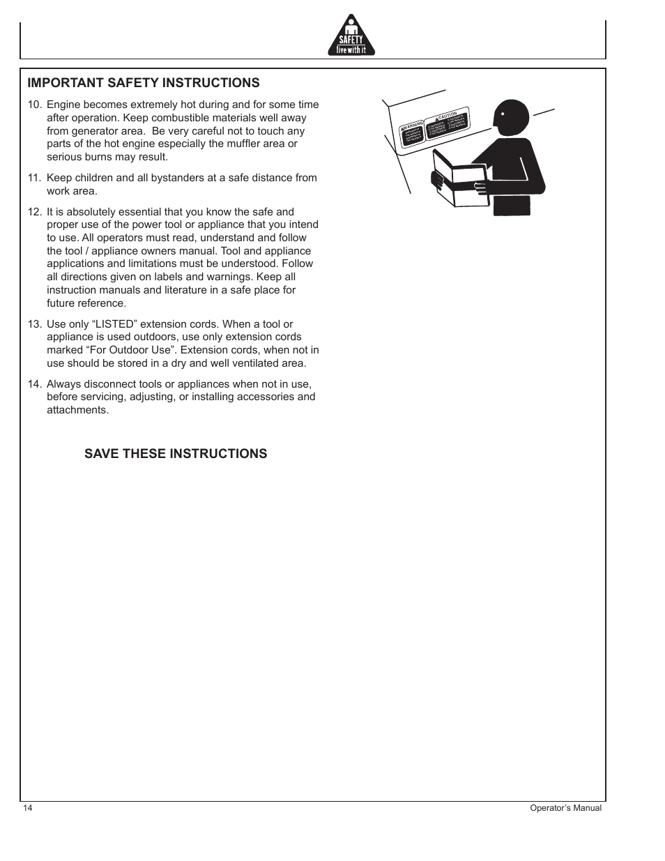 Important safety instructions, Save these instructions, 14 operator’s manual | John Deere HR-G1700i User Manual | Page 14 / 124