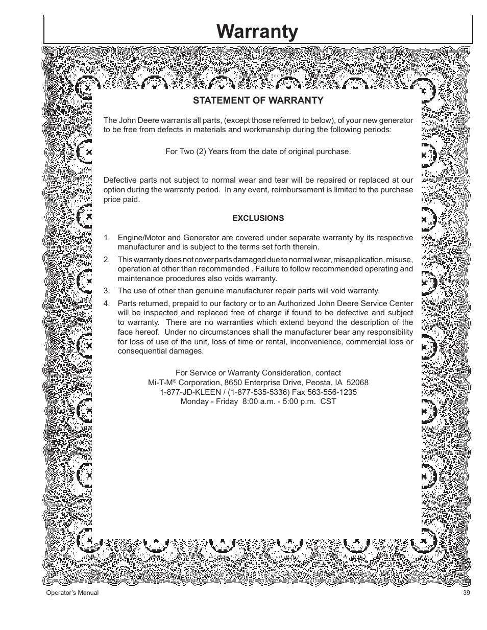Warranty | John Deere HR-G1700i User Manual | Page 39 / 124