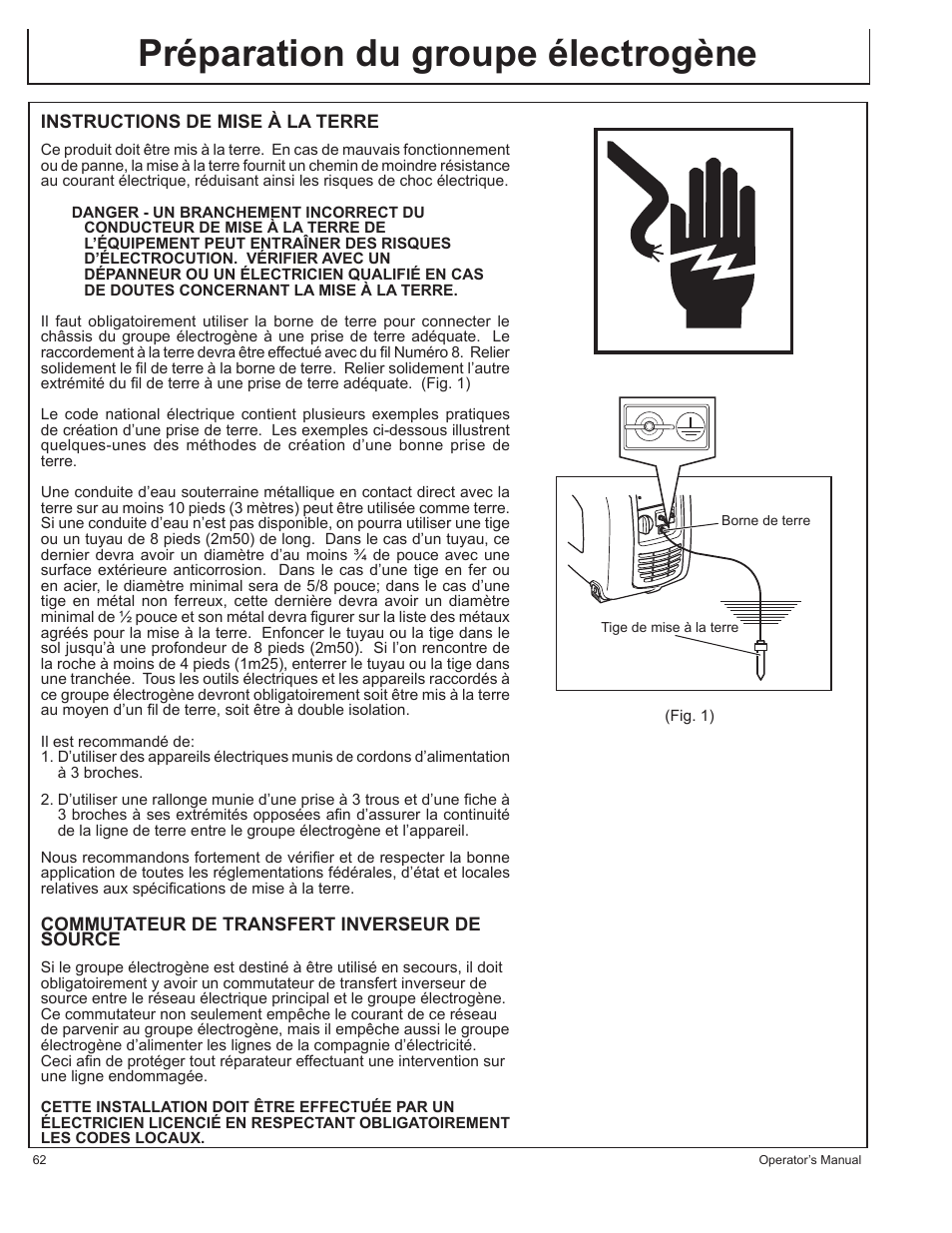 Préparation du groupe électrogène | John Deere HR-G1700i User Manual | Page 62 / 124