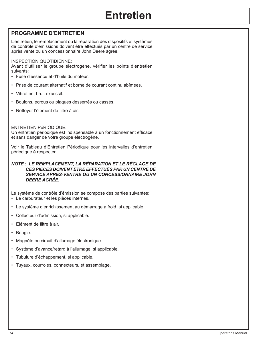 Entretien | John Deere HR-G1700i User Manual | Page 74 / 124