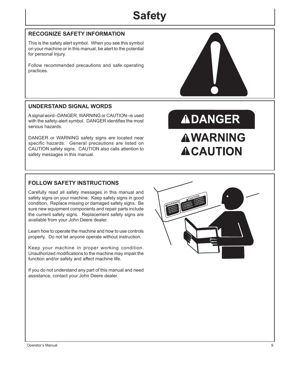 Safety, Recognize safety information, Understand signal words | Follow safety instructions, Operator’s manual 9 | John Deere HR-G1700i User Manual | Page 9 / 124