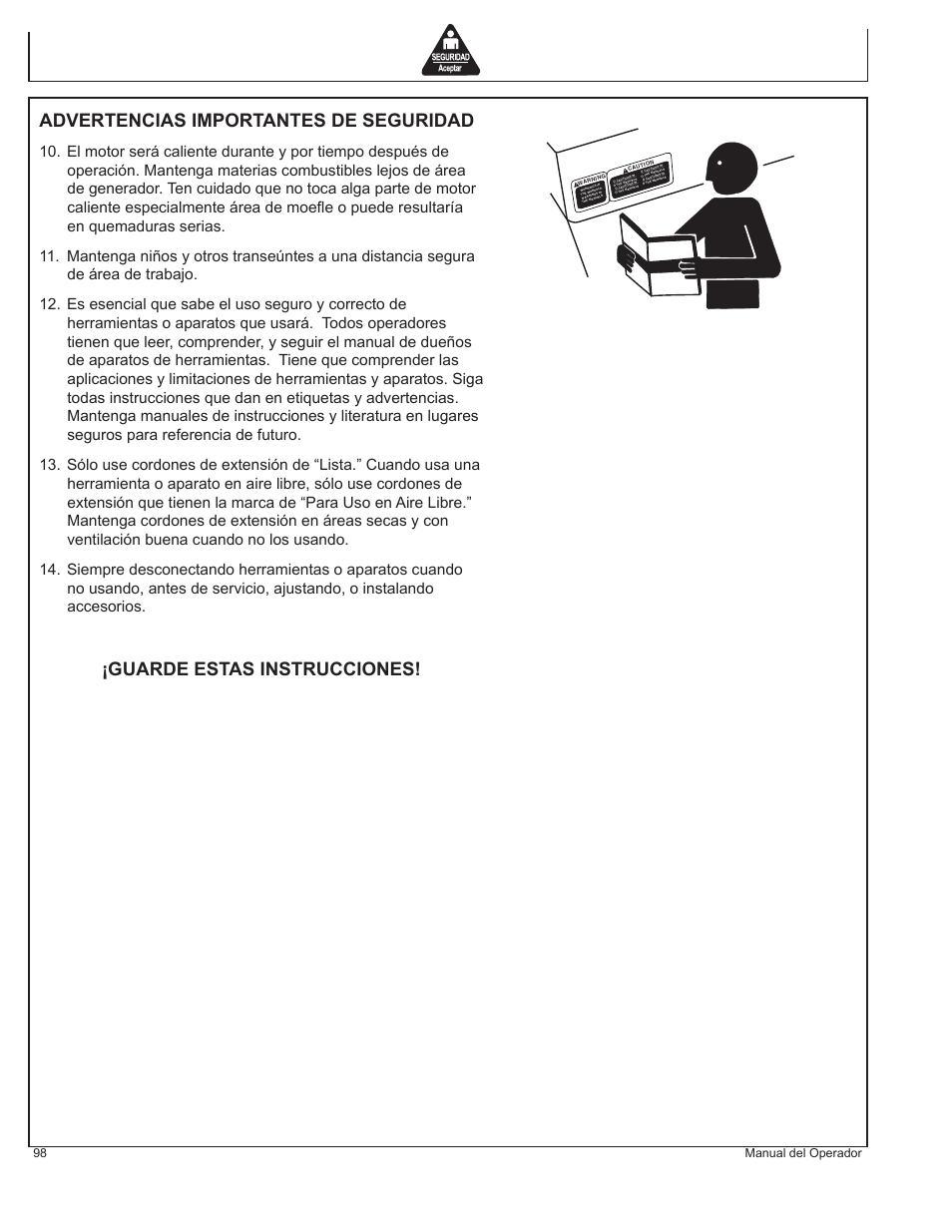 Advertencias importantes de seguridad, Guarde estas instrucciones, 98 manual del operador | John Deere HR-G1700i User Manual | Page 98 / 124