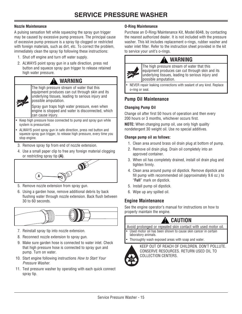 Winter storag, Winter storage, Service pressure washer | Warning, Caution | John Deere OMM156510 User Manual | Page 19 / 24