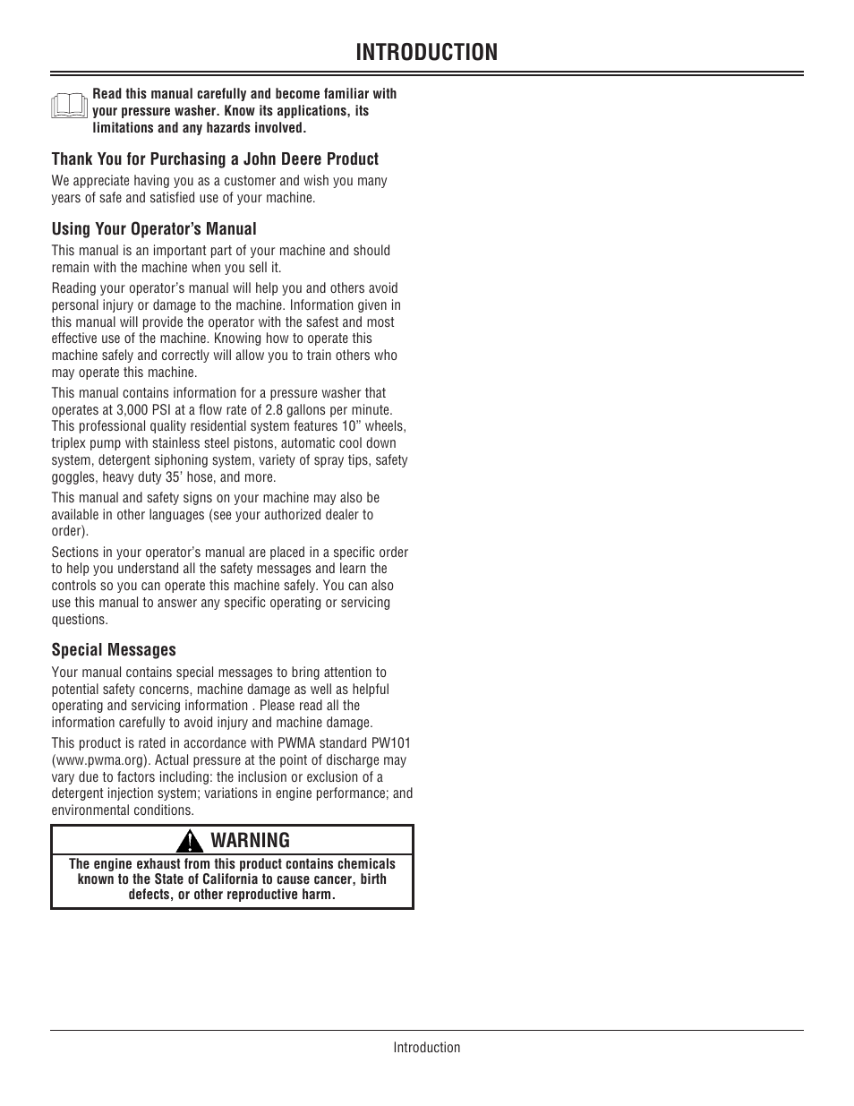 Introduction, Warning | John Deere OMM156510 User Manual | Page 2 / 24