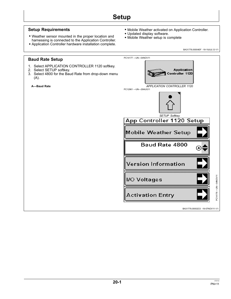 Setup, Setup requirements, Baud rate setup | Weather alert limits, Section 20 | John Deere OMPFP12515 User Manual | Page 11 / 24