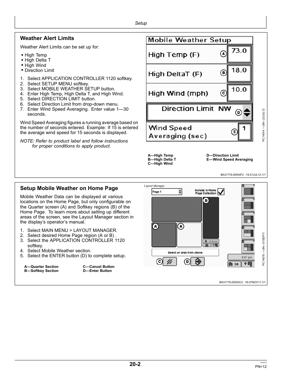 Weather alert limits, Setup mobile weather on home page | John Deere OMPFP12515 User Manual | Page 12 / 24