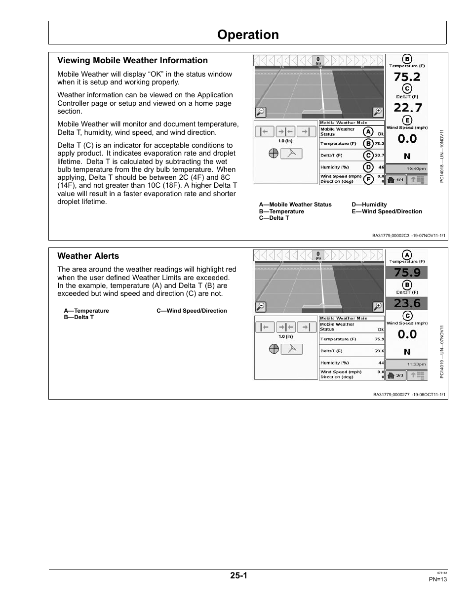 Operation, Viewing mobile weather information, Weather alerts | Recording, Section 25 | John Deere OMPFP12515 User Manual | Page 13 / 24