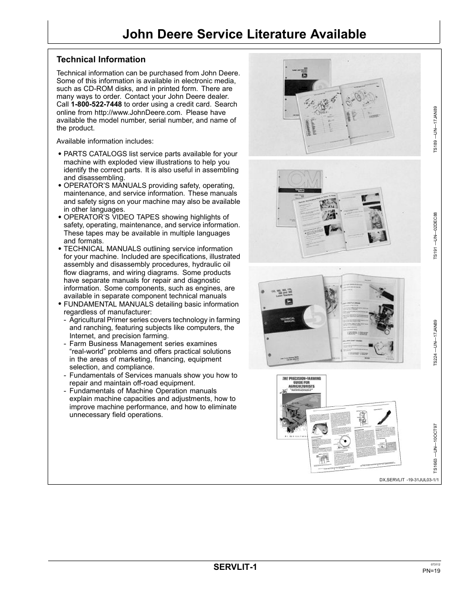 John deere service literature available, Technical information, Servlit-1 | John Deere OMPFP12515 User Manual | Page 19 / 24
