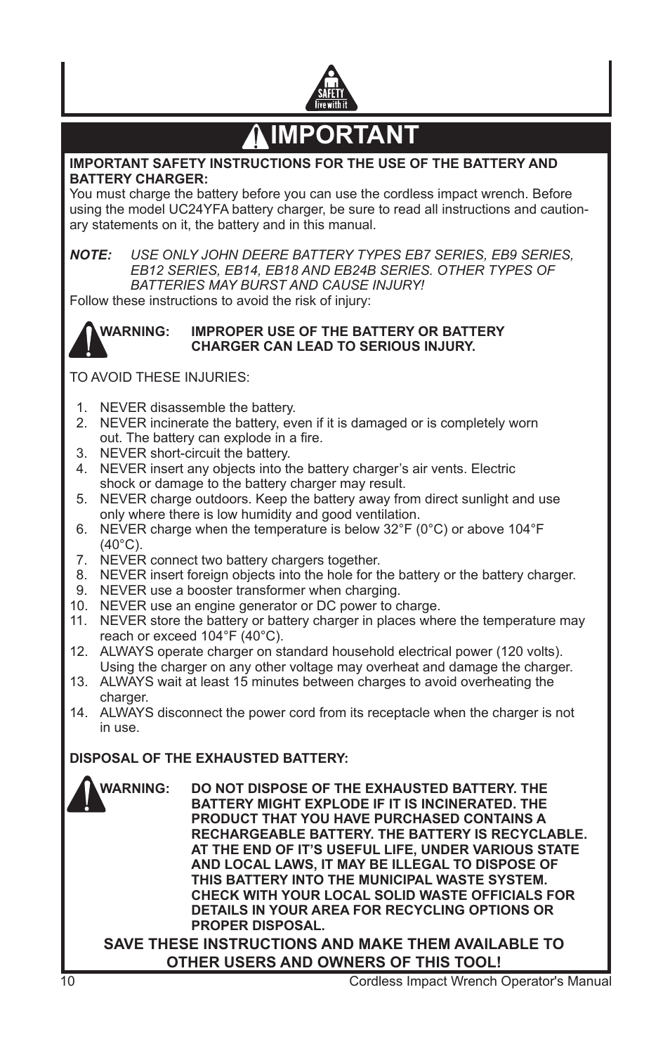 Important | John Deere ET-3103-J User Manual | Page 10 / 76