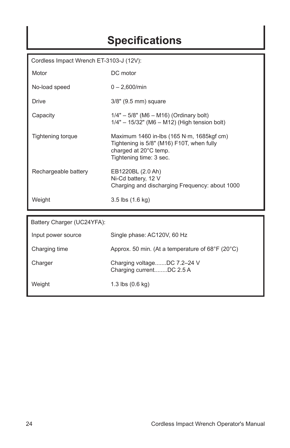 Speciﬁcations | John Deere ET-3103-J User Manual | Page 24 / 76