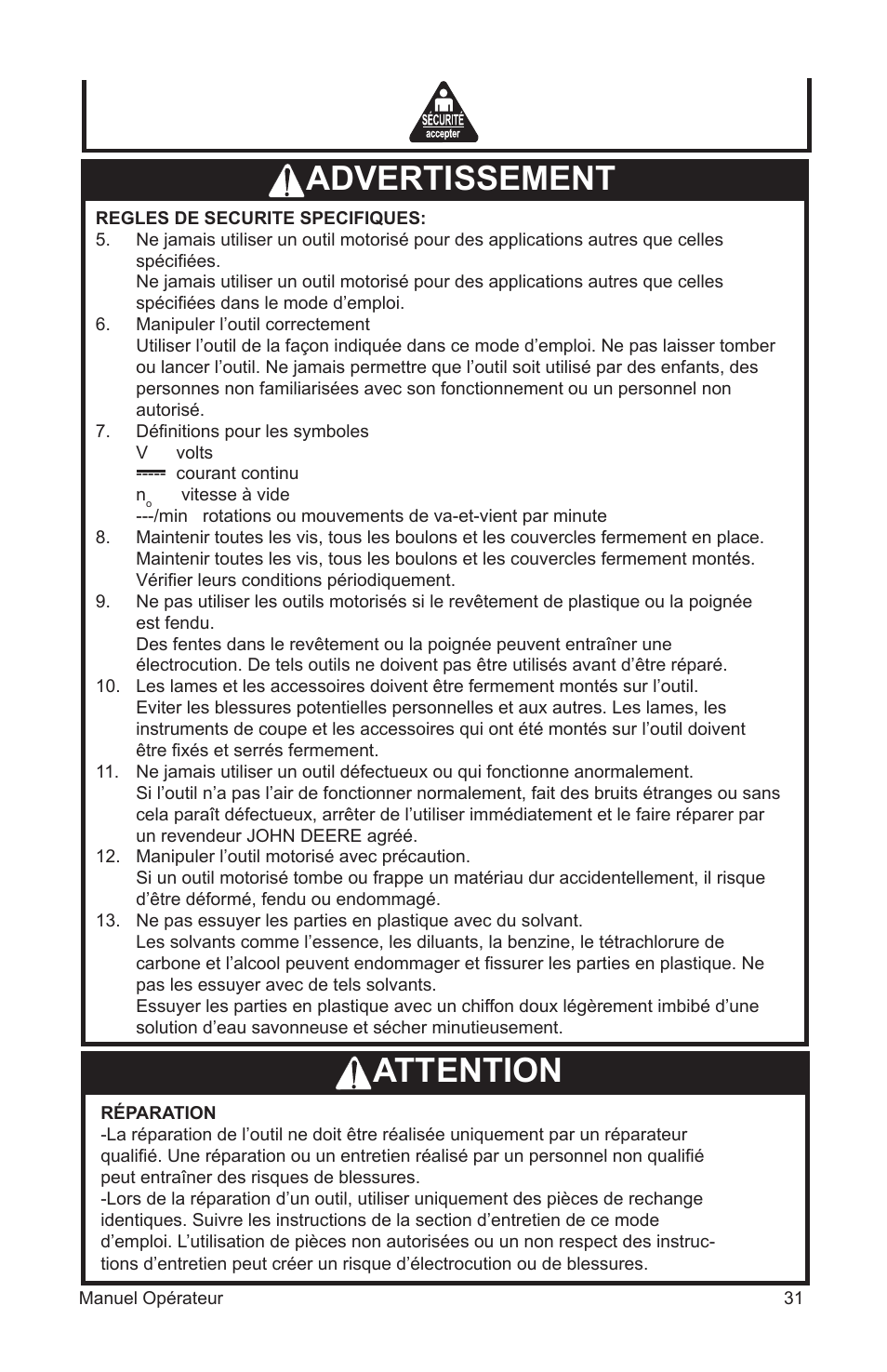 Attention advertissement | John Deere ET-3103-J User Manual | Page 31 / 76