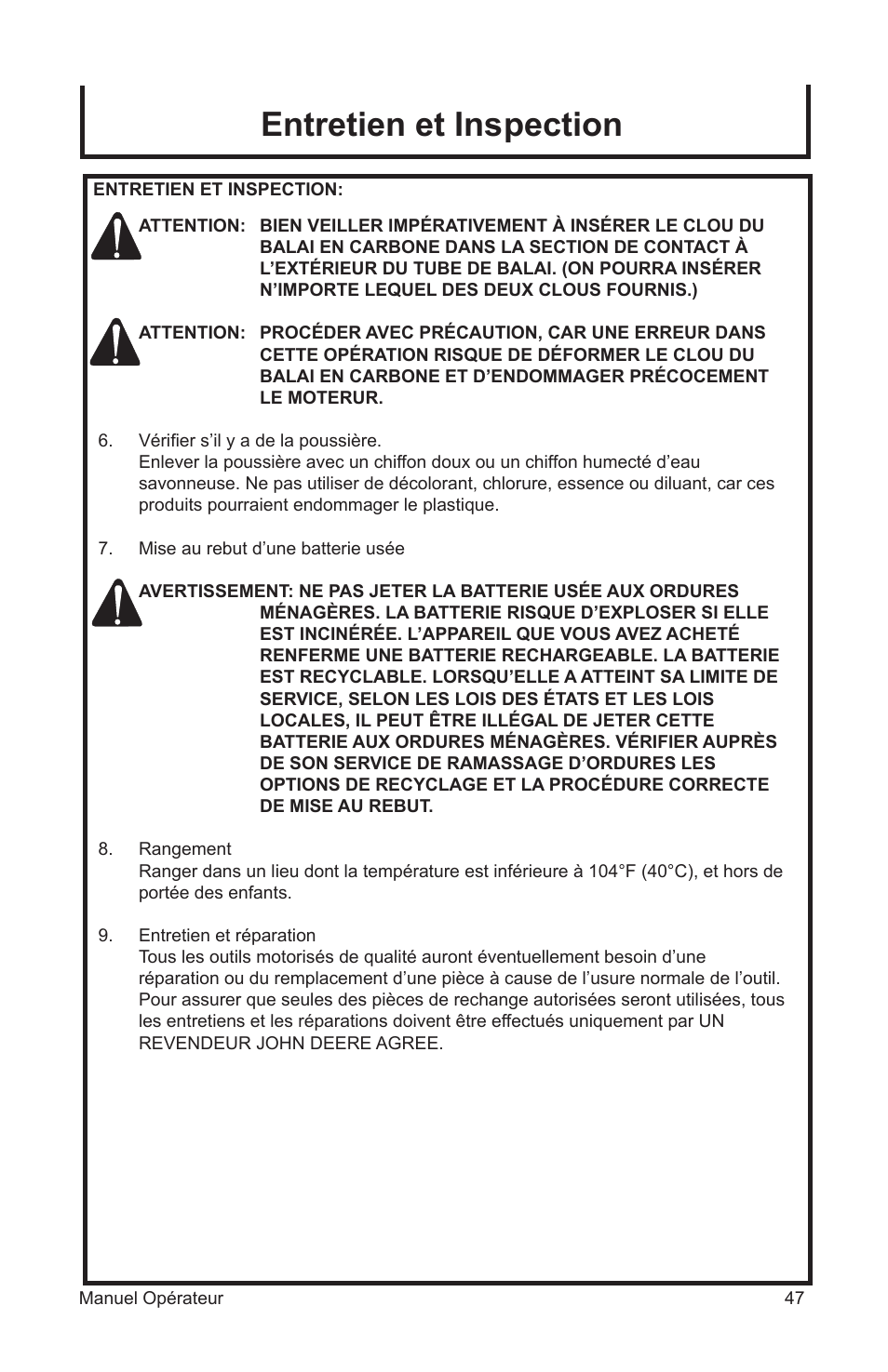 Entretien et inspection | John Deere ET-3103-J User Manual | Page 47 / 76