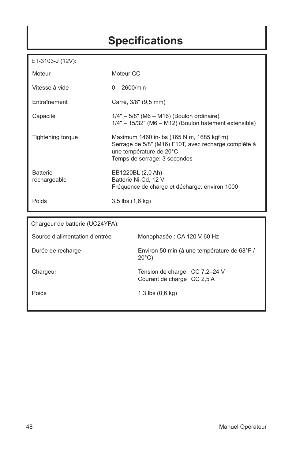 Speciﬁcations | John Deere ET-3103-J User Manual | Page 48 / 76