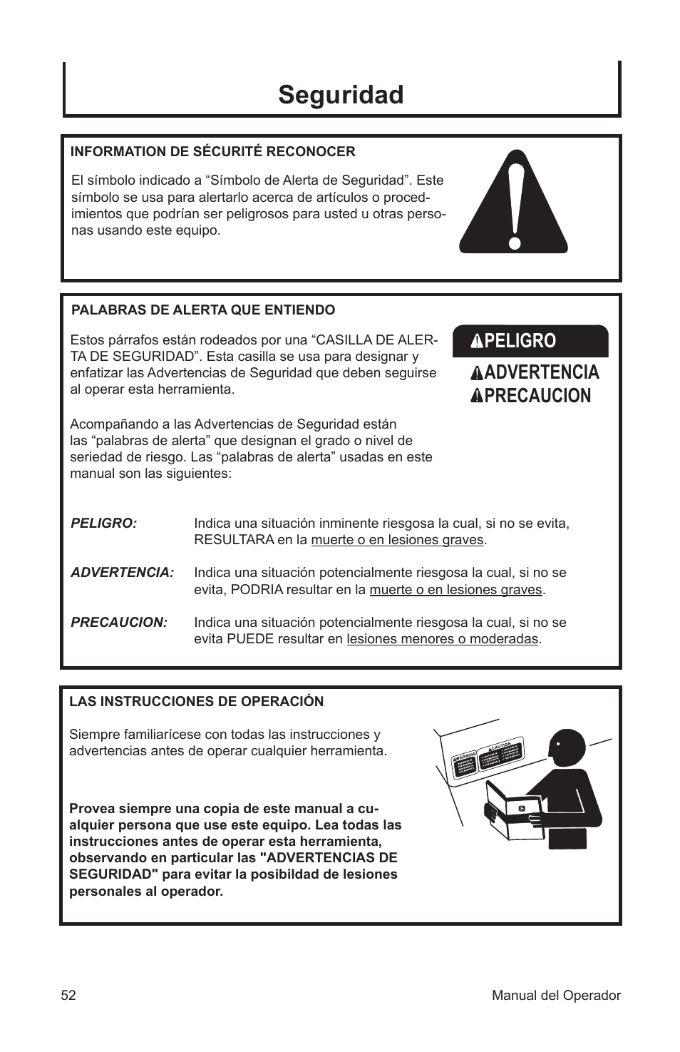 Seguridad, Peligro advertencia precaucion | John Deere ET-3103-J User Manual | Page 52 / 76