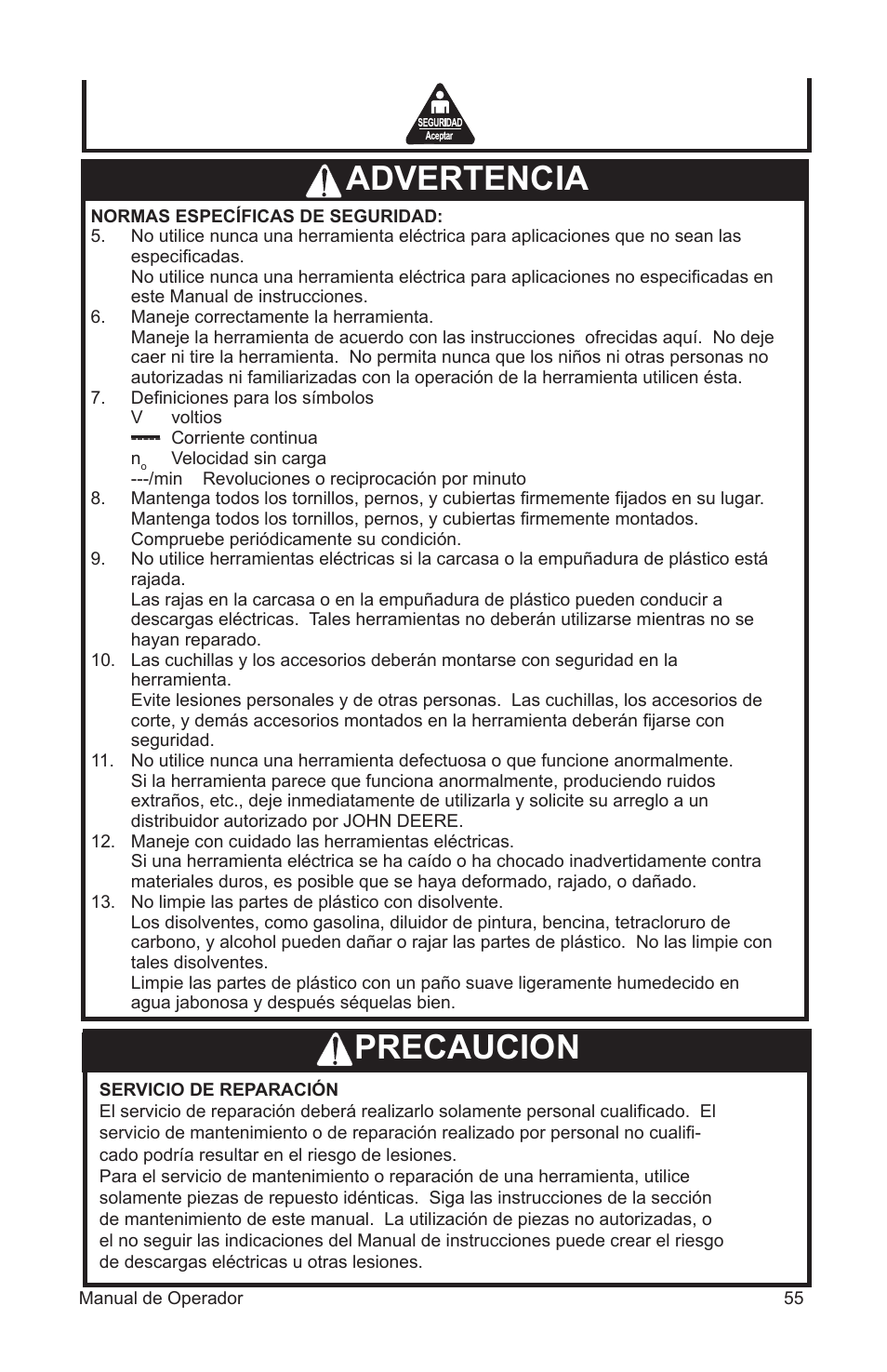 Precaucion advertencia | John Deere ET-3103-J User Manual | Page 55 / 76