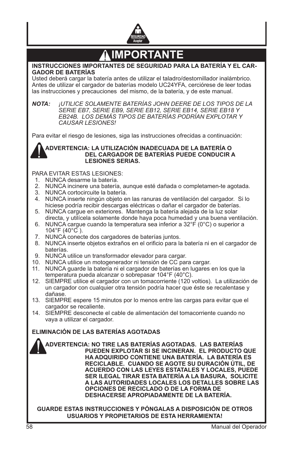 Importante | John Deere ET-3103-J User Manual | Page 58 / 76