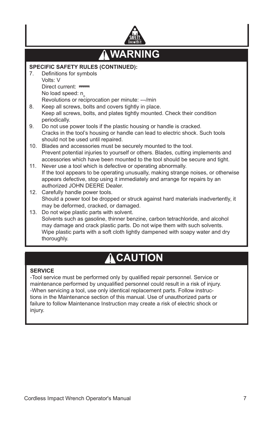 Warning caution | John Deere ET-3103-J User Manual | Page 7 / 76