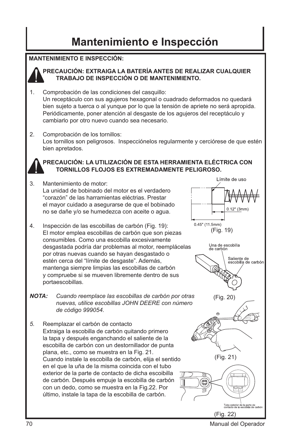 Mantenimiento e inspección | John Deere ET-3103-J User Manual | Page 70 / 76