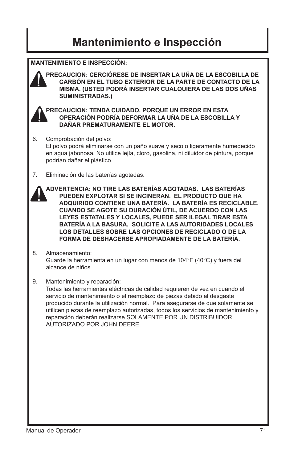 Mantenimiento e inspección | John Deere ET-3103-J User Manual | Page 71 / 76