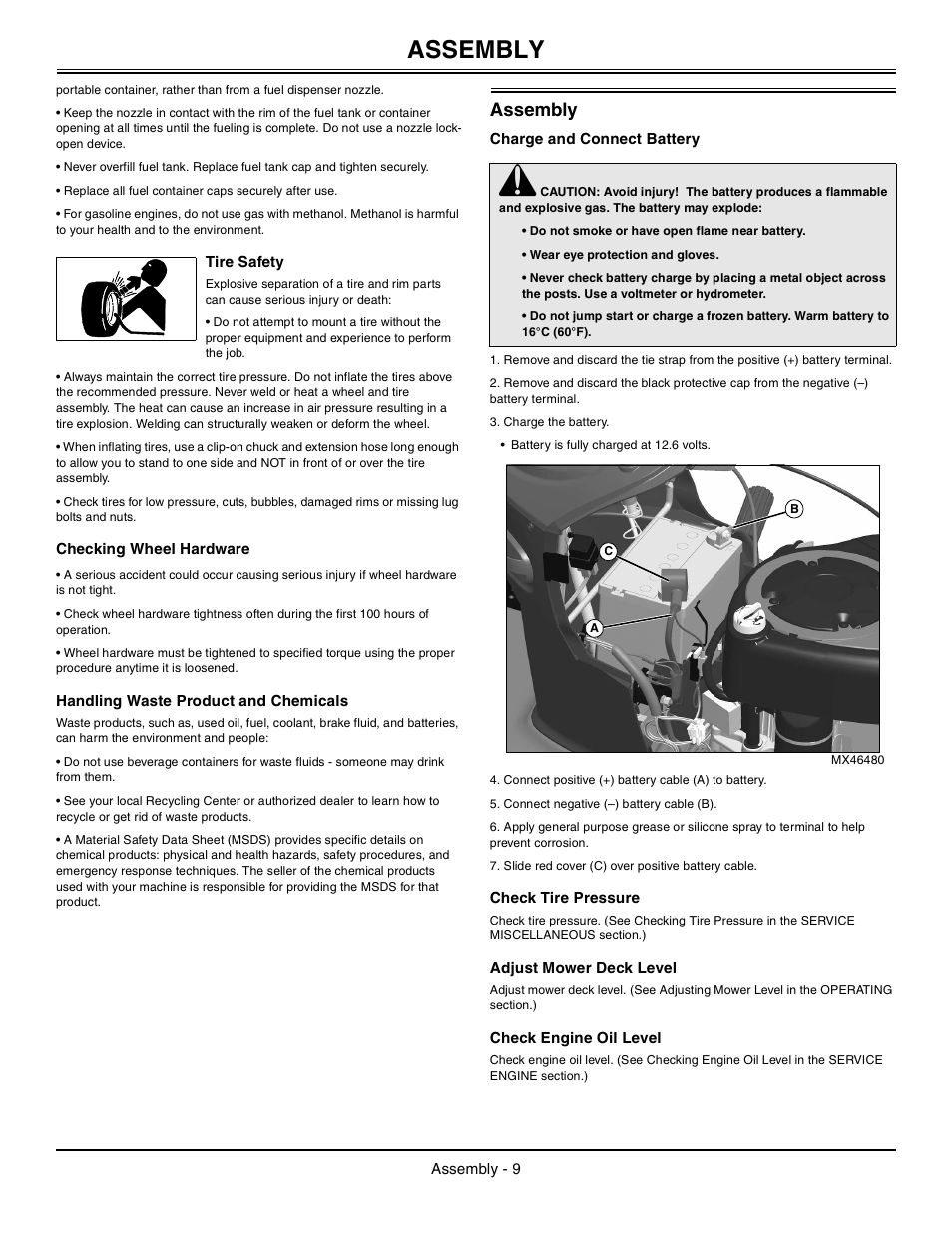 Tire safety, Checking wheel hardware, Handling waste product and chemicals | Assembly, Charge and connect battery, Check tire pressure, Adjust mower deck level, Check engine oil level | John Deere Tractor 100 Series OMG X23532 J0 User Manual | Page 10 / 56