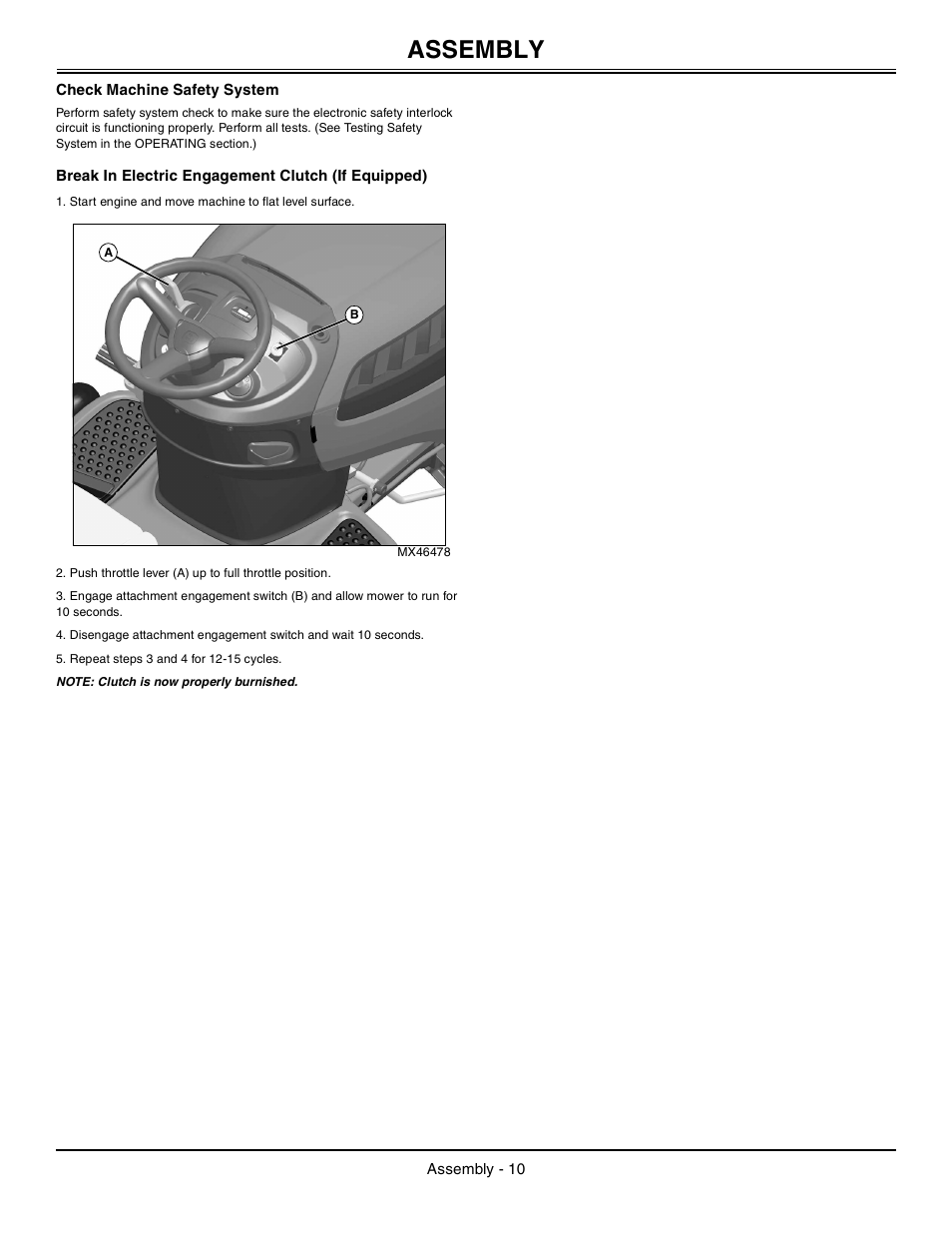 Check machine safety system, Break in electric engagement clutch (if equipped), Assembly | John Deere Tractor 100 Series OMG X23532 J0 User Manual | Page 11 / 56