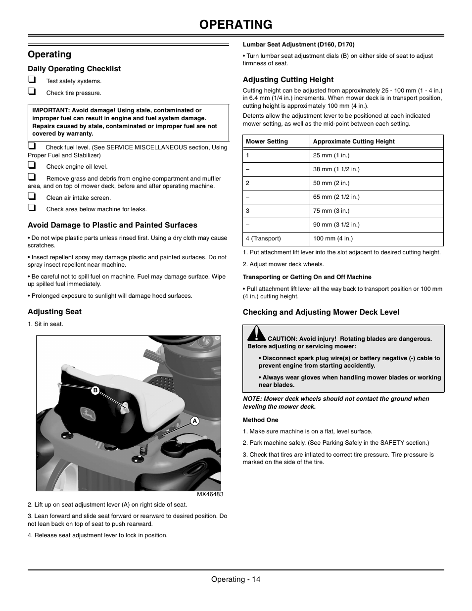 Operating, Daily operating checklist, Avoid damage to plastic and painted surfaces | Adjusting seat, Lumbar seat adjustment (d160, d170), Adjusting cutting height, Transporting or getting on and off machine, Checking and adjusting mower deck level, Method one | John Deere Tractor 100 Series OMG X23532 J0 User Manual | Page 15 / 56