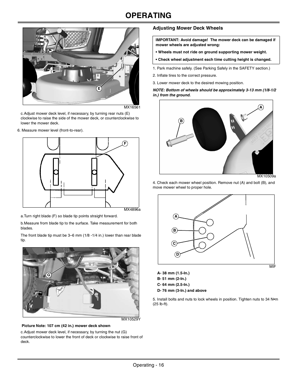 Adjusting mower deck wheels, Operating | John Deere Tractor 100 Series OMG X23532 J0 User Manual | Page 17 / 56