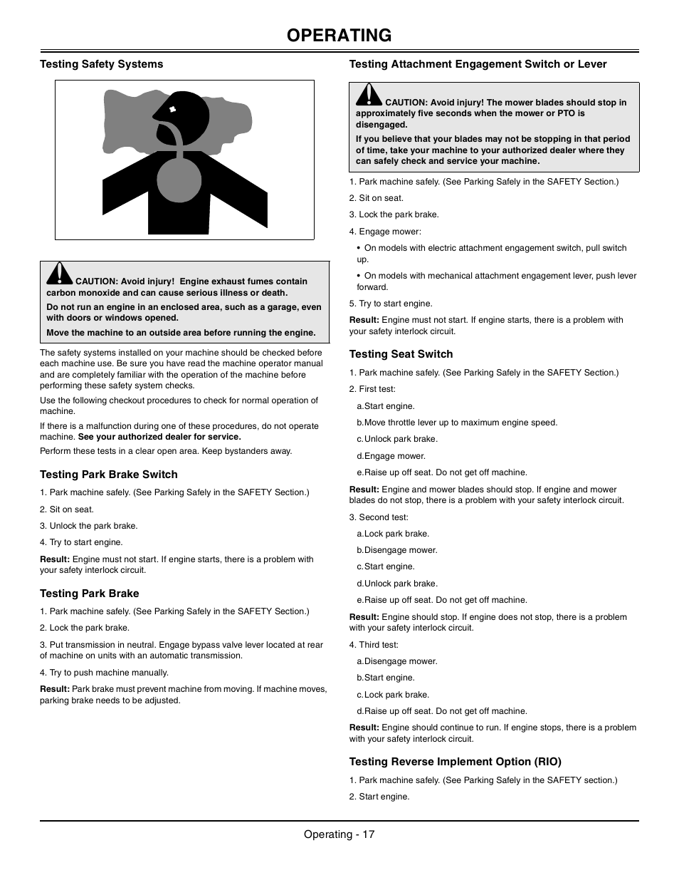 Testing safety systems, Testing park brake switch, Testing park brake | Testing attachment engagement switch or lever, Testing seat switch, Testing reverse implement option (rio), Operating | John Deere Tractor 100 Series OMG X23532 J0 User Manual | Page 18 / 56