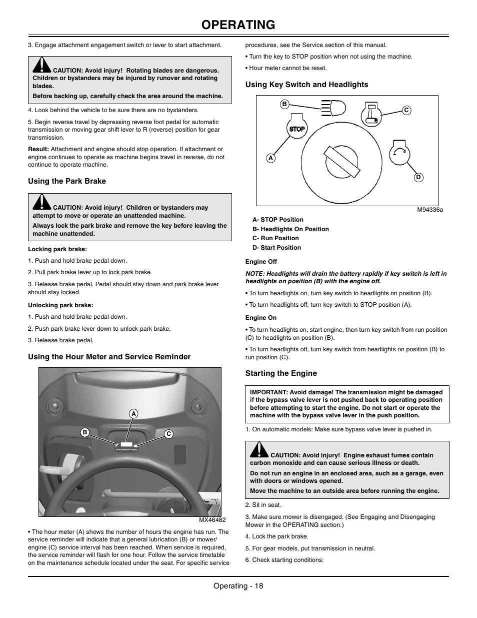 Using the park brake, Locking park brake, Unlocking park brake | Using the hour meter and service reminder, Using key switch and headlights, Engine off, Engine on, Starting the engine, Operating | John Deere Tractor 100 Series OMG X23532 J0 User Manual | Page 19 / 56