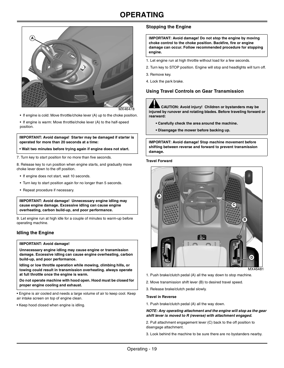 Idling the engine, Stopping the engine, Using travel controls on gear transmission | Travel forward, Travel in reverse, Operating | John Deere Tractor 100 Series OMG X23532 J0 User Manual | Page 20 / 56