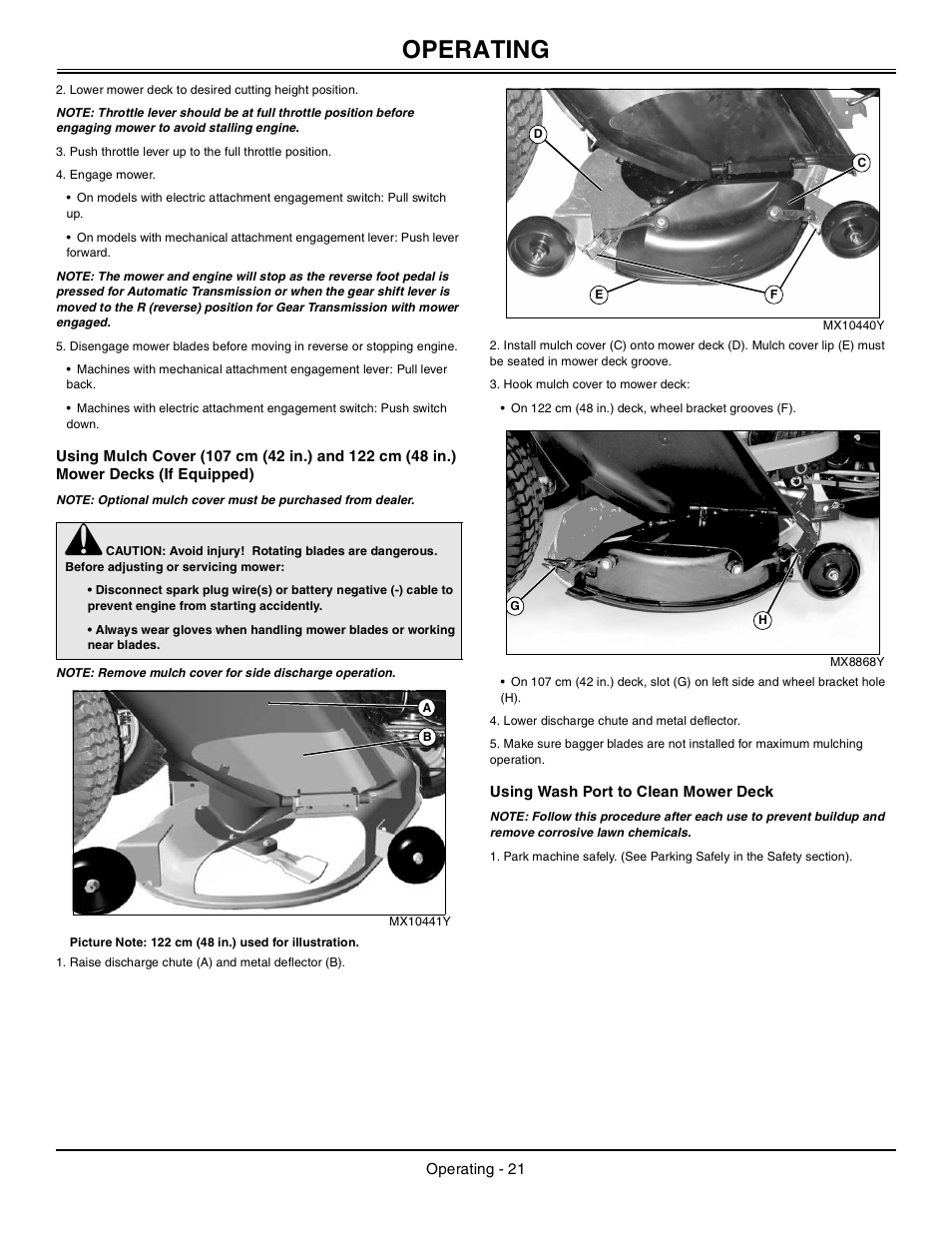 Using wash port to clean mower deck, Operating | John Deere Tractor 100 Series OMG X23532 J0 User Manual | Page 22 / 56